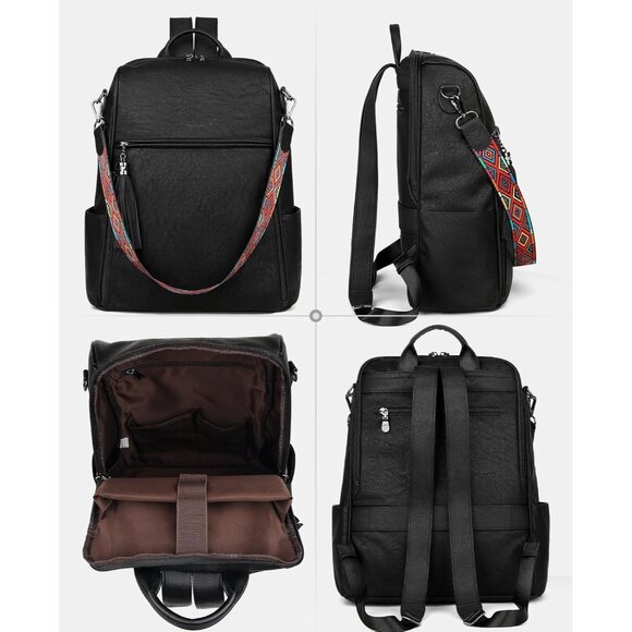 Women's Pure Black Retro Style Backpack Designer 15.6 inch PU Leather Laptop Bag - Picture 5 of 7